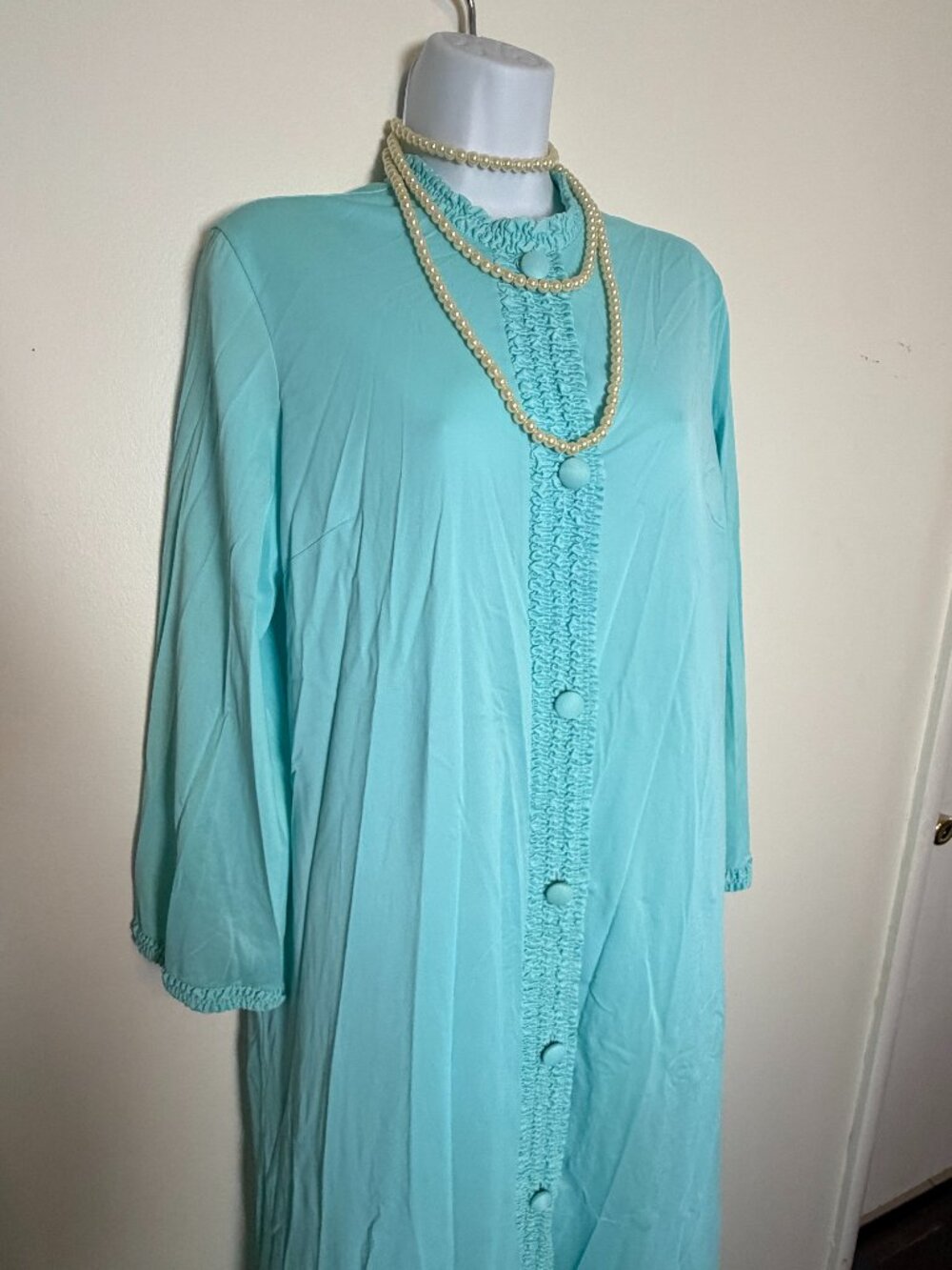70s Vintage Gossard Aqua Turquoise Maxi Lounge Robe Duster Dress L Made in USA